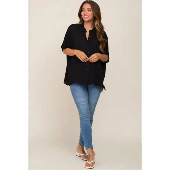 Vine & Love Black Button Up Dolman Short Sleeve Maternity Top - Picture 6 of 17